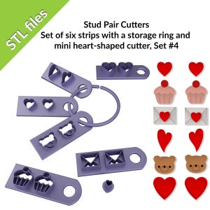 Mini cortadores de botones para San Valentín, pares de cortadores, seis formas con un anillo de almacenamiento, corazón, cupcake, letra, osito de peluche, archivos para impresión 3D
