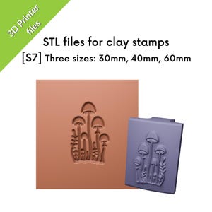 May include: Image of STL files for clay stamps. The design features a cluster of mushrooms and foliage. The text indicates three sizes: 30mm, 40mm, and 60mm. A green banner in the upper left corner reads "3D Printer files".