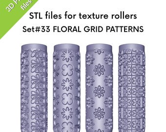 Floral Grid Texture Rollers for clay, block patterns, regular floral patterns, set of four STL files for 3D printing, Set #33