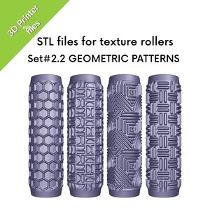 May include: Four cylindrical texture rollers in a light purple colour, each featuring a distinct geometric pattern. The text above reads 3D Printer files, STL files for texture rollers, and Set#2.2 GEOMETRIC PATTERNS. These rollers are designed for creating impressions.
