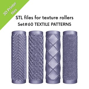 Può includere: Quattro rulli di texture cilindrici viola, progettati per la stampa 3D. I rulli presentano diversi motivi tessili. L'immagine include il testo: "File STL per rulli di texture Set#60 MODELLI TESSILI."