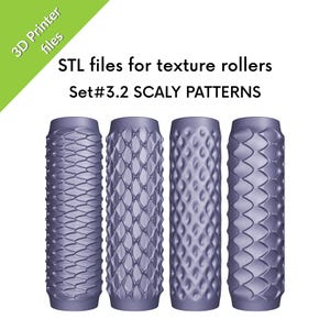 May include: Four cylindrical texture rollers in a light purple color, each featuring a distinct scaly pattern. The text reads 3D Printer files, STL files for texture rollers, and Set#3.2 SCALY PATTERNS. These rollers are designed for creating textures.