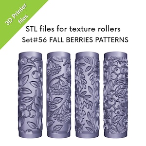 May include: Four cylindrical texture rollers with berry and leaf patterns. The rollers are a muted purple colour and are labelled "STL files for texture rollers" and "Set#56 FALL BERRIES PATTERNS". The rollers are designed for 3D printer files.