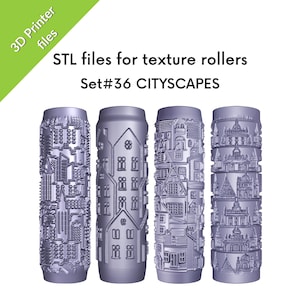 May include: Four light purple cylindrical texture rollers featuring embossed cityscapes, including skyscrapers, houses, and architectural landmarks. The text reads 3D Printer files, STL files for texture rollers, and Set#36 CITYSCAPES.