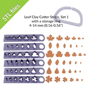 Puede incluir: Conjunto de ocho tiras de plástico morado con diferentes cortadores en forma de hoja. Cada tira tiene un agujero para colgar. Los cortadores varían en tamaño de 4 a 14 mm. El conjunto incluye un anillo de almacenamiento. Archivos STL.