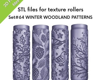 Winter Woodland Texture Rollers for clay, holly, pinecones, birds, trees, STL files for 3D printing, Set #64