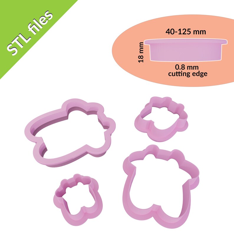 May include: Set of four pink plastic cookie cutters shaped like clouds. The cutters are 40-125 mm in diameter and have a 0.8 mm cutting edge.