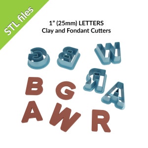 May include: A set of 10 blue plastic cookie cutters in the shape of the letters A, B, G, R, and W. The letters are 1 inch (25 mm) tall. The letters are arranged in a random pattern on a white background. STL files are included.