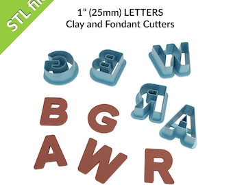 May include: A set of 10 blue plastic cookie cutters in the shape of the letters A, B, G, R, and W. The letters are 1 inch (25 mm) tall. The letters are arranged in a random pattern on a white background. STL files are included.