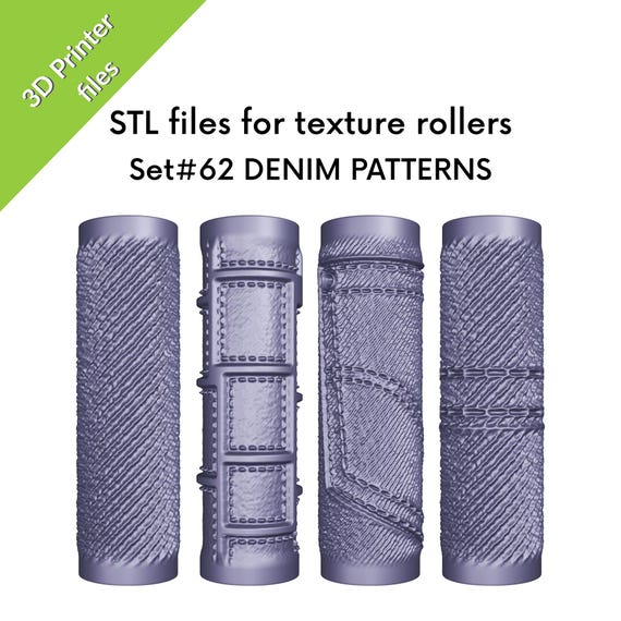 Denim Texture Mini Rollers for clay, jean texture patterns, denim fabric, files for 3D printing, Set #62