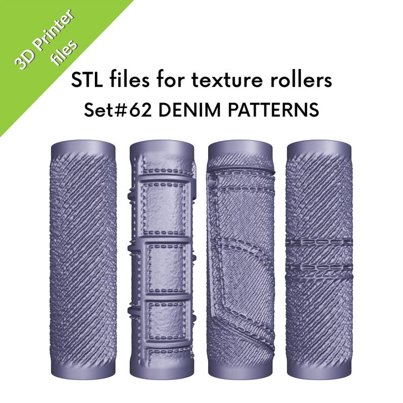 Peut inclure: Quatre rouleaux de texture cylindriques imprim&eacute;s en 3D avec des motifs de denim bleus. Les rouleaux pr&eacute;sentent diff&eacute;rentes textures de denim, dont des coutures et des d&eacute;tails de poches. Le texte sur l'image indique "STL files for texture rollers Set#62 DENIM PATTERNS."
