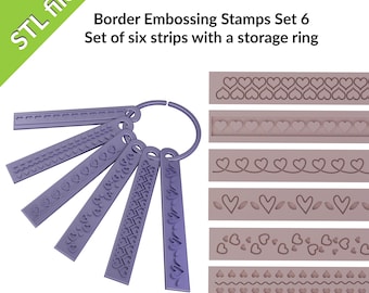 Border embossing stamps for polymer clay, six borders with a storage ring, Set #6, HEARTS patterns, files for 3D printing