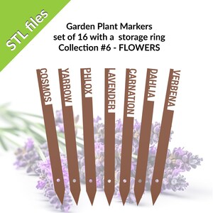 STL Garden plant markers, FLOWERS Set 6, garden stakes, plant markers, set of 16 with a storage ring, downloadable  files for 3D printing
