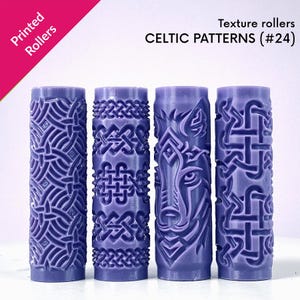 May include: Four purple texture rollers with Celtic designs. The rollers display detailed patterns, including knotwork and a wolf's head. The text "Printed Rollers" and "Celtic Patterns (#24)" are visible.