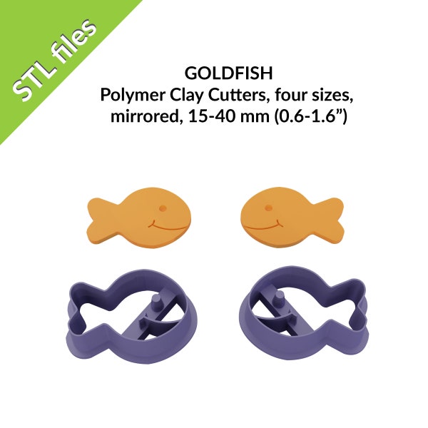 Goldfish clay cutters, four sizes, left and right versions, 15-40mm, downloadable STL files for 3D printing