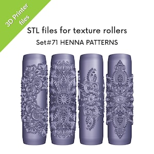 May include: Four cylindrical texture rollers with intricate henna patterns. The rollers are a muted purple color and feature detailed floral and geometric designs. Text on the image reads "STL files for texture rollers" and "Set #71 HENNA PATTERNS."