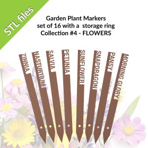 STL Garden plant markers, FLOWERS, garden stakes, set of 16 with a storage ring, downloadable STL files for 3D printing
