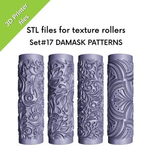 Rolos de textura floral damasco em argila polimérica, arquivos STL para impressão 3D, conjunto nº 17