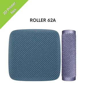 Peut inclure: Deux objets imprim&eacute;s en 3D : un coussinet carr&eacute; et un rouleau cylindrique. Les deux sont textur&eacute;s avec des lignes diagonales. Le coussinet est bleu, et le rouleau est violet clair. Le texte sur l'image indique "ROLLER 62A" et "3D Printer files."