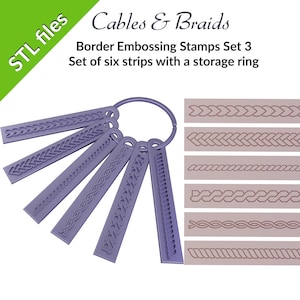 May include: Set of six purple plastic border embossing stamps with a storage ring. The stamps feature different cable and braid designs.  STL files.