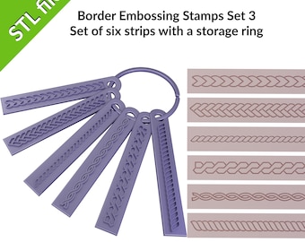 Border embossing stamps for polymer clay, six borders with a storage ring, Set #3, cable, braid, rope patterns, files for 3D printing