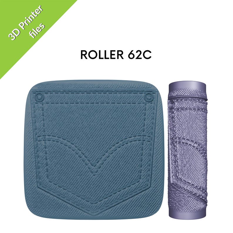 Peut inclure: Conception imprim&eacute;e en 3D repr&eacute;sentant une poche de style denim et un rouleau cylindrique. La poche est carr&eacute;e avec des coins arrondis, d&eacute;taill&eacute;e avec des coutures et des rivets. Le rouleau a une texture denim similaire. Le texte sur l'image indique "ROLLER 62C" et "3D Printer files."