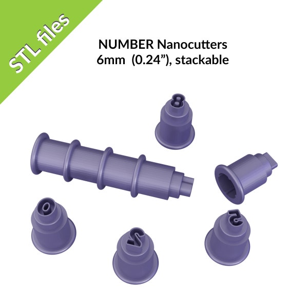 6mm (0.24") NUMBER nanocutters for polymer clay, stackable 6mm cutters, set includes nine shapes,  downloadable STL files for 3D printing