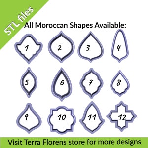 May include: Twelve different Moroccan-style shapes, numbered 1 through 12, are shown in a grid. The shapes are outlined in black and filled with a light purple color. The text "STL files" is in the upper left corner of the image. The text "All Moroccan Shapes Available:" is in the upper center of the image. The text "Visit Terra Florens store for more designs" is at the bottom of the image.