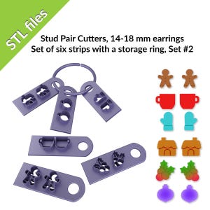 May include: Set of six purple plastic strips with a storage ring for making 14-18 mm earrings. The strips have various Christmas-themed cutouts, including gingerbread people, mugs, mittens, houses, holly, and ornaments.  "Stud Pair Cutters, 14-18 mm earrings Set of six strips with a storage ring, Set #2" is written on the image.