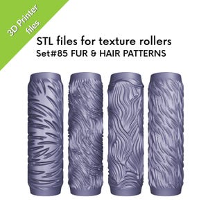Könnte beinhalten: Vier violette zylindrische Texturwalzen mit verschiedenen Fell- und Haarstrukturen. Der Text lautet: 3D Printer files, STL files for texture rollers, Set#85 FUR & HAIR PATTERNS. Diese digitalen Dateien sind für 3D-Druckanwendungen konzipiert.
