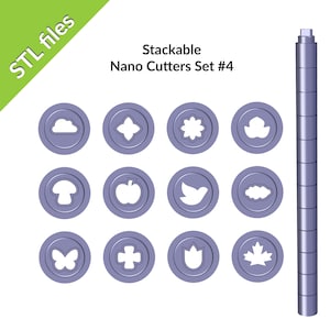 Polymer Clay Nano Cutters Set # 4, herunterladbare STL-Dateien, stapelbar winzig 6 mm, zwölf Formen, Wolke, Vogel, Apfel, Ahorn, Pilz