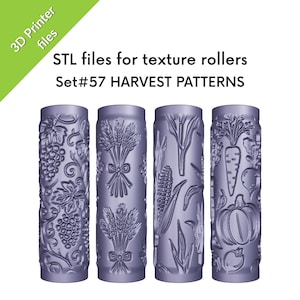 Könnte beinhalten: Vier zylindrische Texturwalzen mit Erntemustern. Die Walzen sind in einem gedämpften Lila gehalten und weisen Designs von Trauben, Weizen, Mais, Karotten und Kürbissen auf. Der Text auf dem Bild lautet "STL files for texture rollers Set#57 HARVEST PATTERNS."