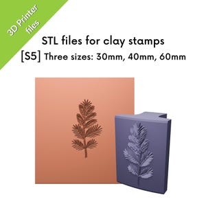 May include: Image of STL files for clay stamps. The image shows a leaf design in three sizes: 30mm, 40mm, and 60mm. The design is shown on a terracotta-coloured square and a purple-grey stamp.