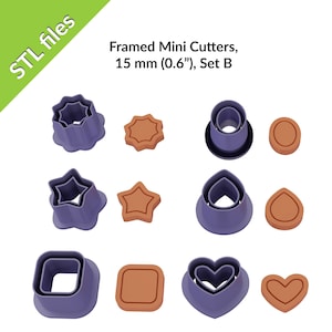 May include: Set of 12 mini cookie cutters, 15 mm (0.6 inches) in diameter. The cutters are made of purple plastic and have a variety of shapes, including stars, hearts, circles, and squares. The cutters are arranged in three rows of four.