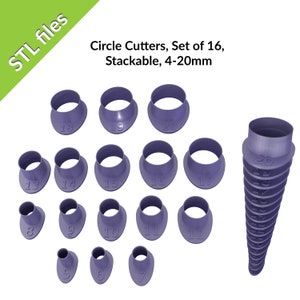 May include: Set of 16 stackable circle cutters in purple plastic, ranging in size from 4 to 20 millimeters. The cutters are arranged in rows and a stack of the cutters is shown on the right side of the image.