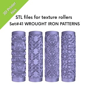 May include: Four cylindrical texture rollers with detailed wrought iron patterns. The rollers are a light purple colour and feature various ornate designs. Text on the image reads "3D Printer files" and "STL files for texture rollers Set#41 WROUGHT IRON PATTERNS."