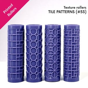 May include: Four purple texture rollers with different tile patterns. The rollers are cylindrical and feature geometric designs, including squares, hexagons, and rectangular grids. The text on the image reads "Printed Rollers" and "Texture rollers TILE PATTERNS (#53)".