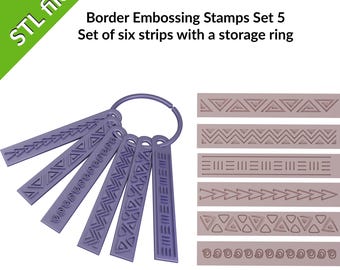 Border embossing stamps for polymer clay, six borders with a storage ring, Set #5, tribal patterns, files for 3D printing