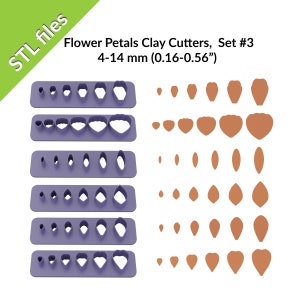 Flower petals clay cutters, daisy, rose, tulip, sunflower, strips of 4-14mm petals, six shapes, files for 3D printing