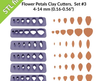 Flower petals clay cutters, daisy, rose, tulip, sunflower, strips of 4-14mm petals, six shapes, files for 3D printing