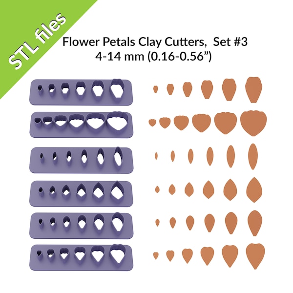 Flower petals clay cutters, daisy, rose, tulip, sunflower, strips of 4-14mm petals, six shapes, files for 3D printing