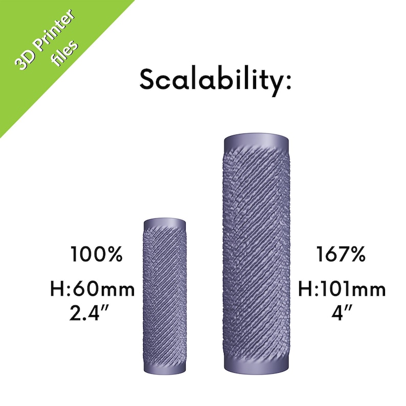 Peut inclure: Deux objets cylindriques imprim&eacute;s en 3D, l'un &agrave; l'&eacute;chelle 100%, mesurant 60 mm de haut, et l'autre &agrave; l'&eacute;chelle 167%, mesurant 101 mm de haut. Les objets ont une surface textur&eacute;e. Le texte de l'image indique "Scalabilit&eacute;:" et "3D Printer files."