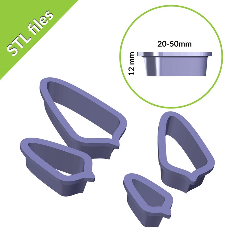 May include: Set of four purple plastic cookie cutters shaped like leaves. The cutters are different sizes, with the largest cutter measuring approximately 2 inches in length. The cutters are designed for use with fondant, cookie dough, or other soft materials.