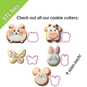 May include: Nine cookie cutters in various animal shapes, including a hamster, cow, butterfly, rabbit, and mouse. Each cutter is shown next to a decorated cookie in the same shape. The text "Check out all our cookie cutters: 9 sizes each!" is visible in the image.
