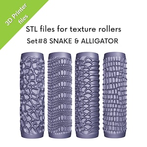 Puede incluir: Cuatro rodillos de textura cilíndricos de color morado para impresión 3D, etiquetados como STL files for texture rollers Set#8 SNAKE & ALLIGATOR. Cada rodillo presenta un patrón en relieve distinto que imita la piel de reptil y escamas.
