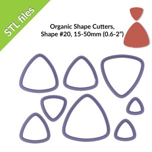 May include: Set of seven purple plastic triangle-shaped cookie cutters in various sizes, ranging from 0.6 to 2 inches. The text "Organic Shape Cutters, Shape #20, 15-50mm (0.6-2")" is printed above the cutters.