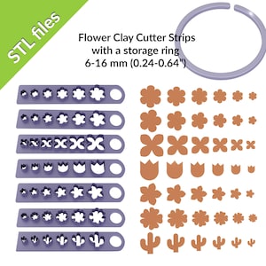 Flower clay cutters, strips of 6-16mm flowers,  seven shapes, with a storage ring, files for 3D printing