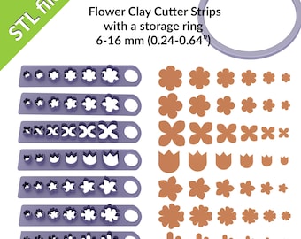 Flower clay cutters, strips of 6-16mm flowers,  seven shapes, with a storage ring, files for 3D printing