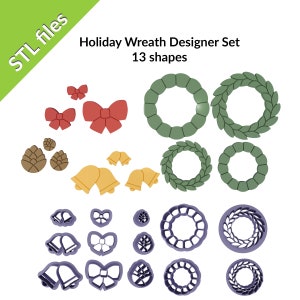 May include: A set of 13 holiday wreath cookie cutters in various shapes, including wreaths, bows, bells, and pine cones. The cutters are purple and come in a variety of sizes. Holiday Wreath Designer Set 13 shapes.