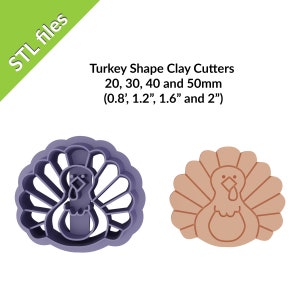 May include: Two turkey-shaped clay cutters. One is a dark purple outline, and the other is a tan solid shape. The text on the image reads "Turkey Shape Clay Cutters 20, 30, 40 and 50mm (0.8", 1.2", 1.6" and 2")". The words "STL files" are in the upper left corner.